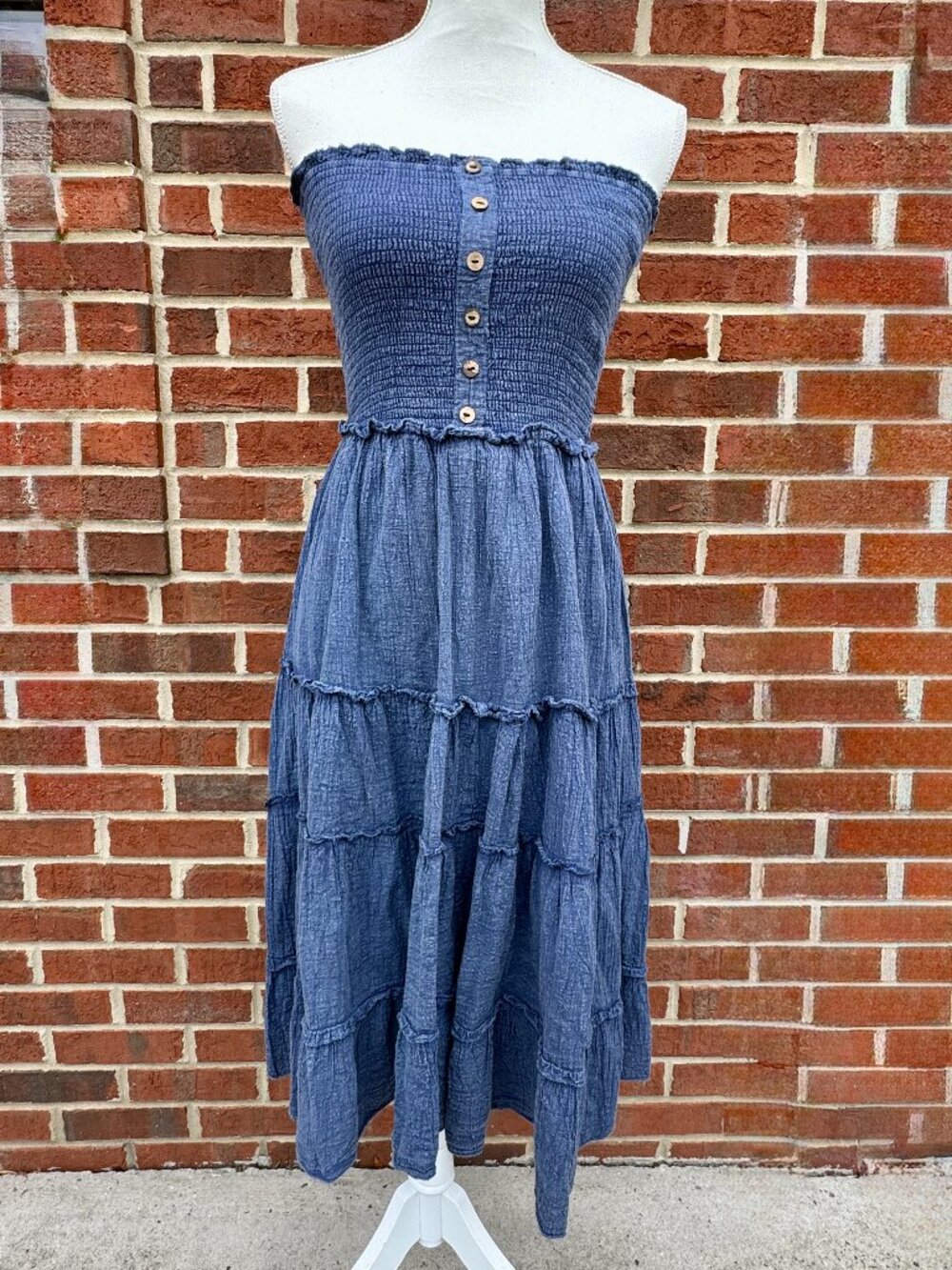 Mlle Gabrielle Strapless Dress Small Blue Chambray Denim Smocked Tiered Rustic